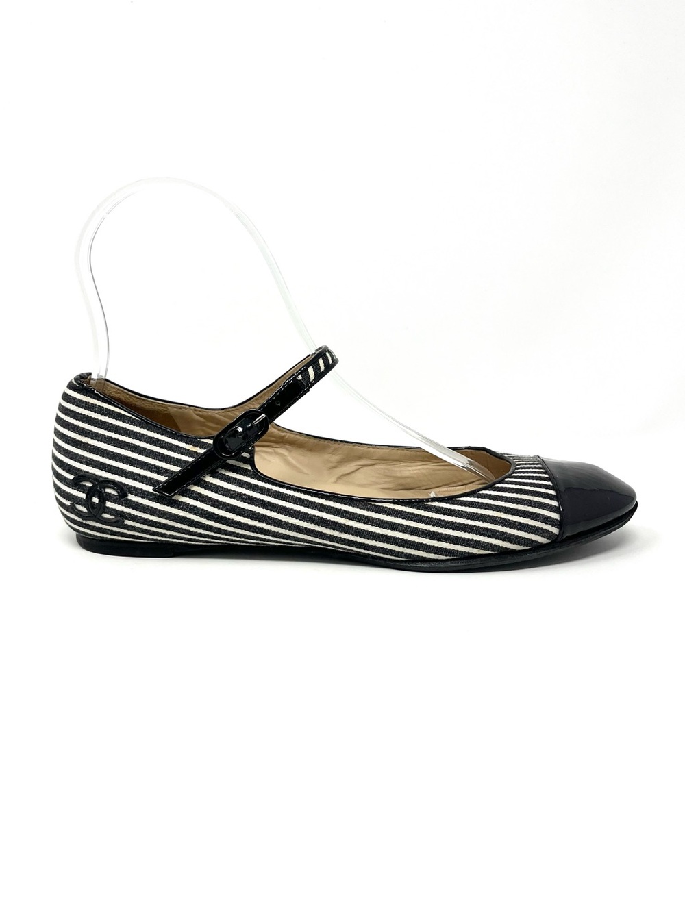 Vintage Vtg Chanel Mary Jane Ballet Flats Black White Striped Cap Toe CC Logo 37 - Picture 11 of 11